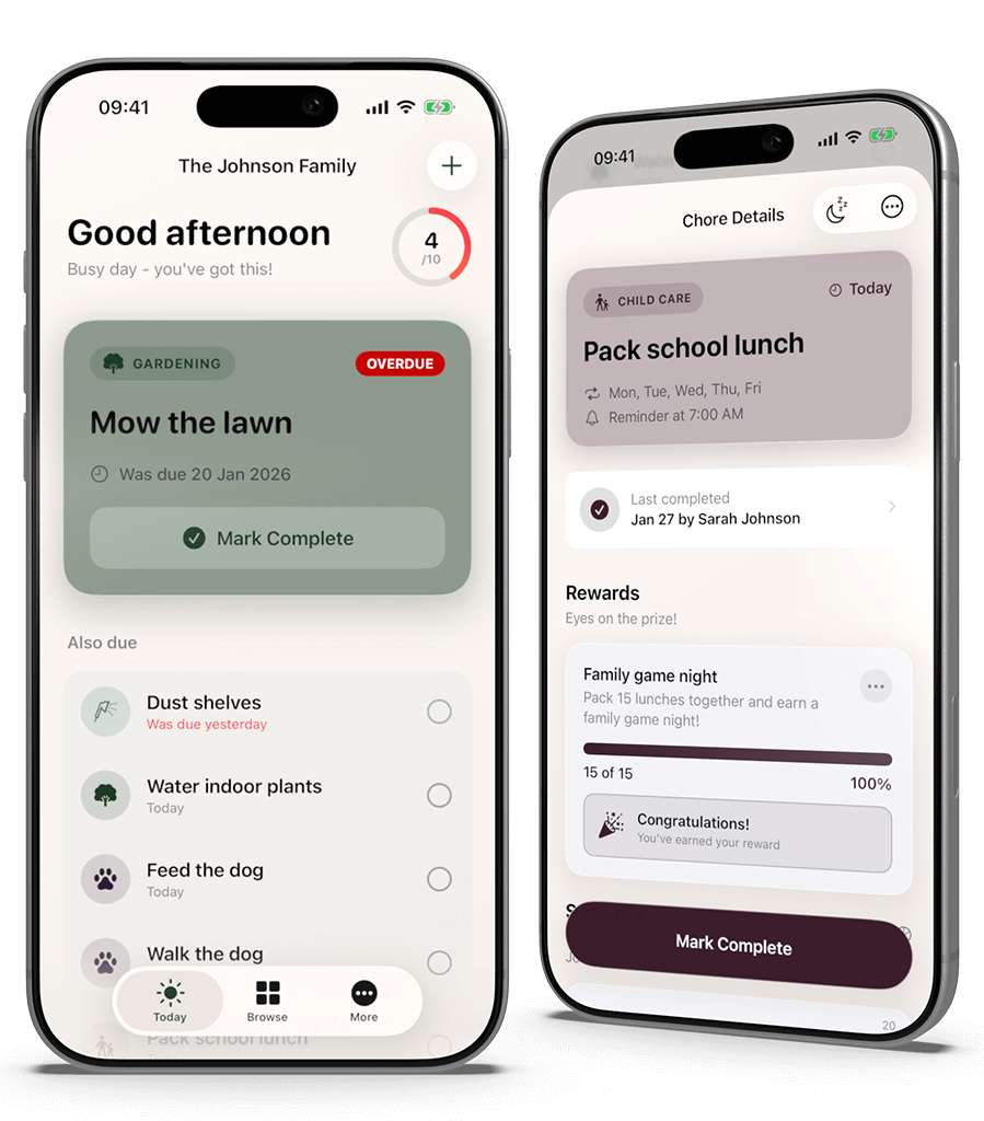 Chores app showing household task list on iPhone